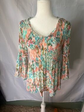 Spense Boho Paisley Plisse Blouse Small Multi-Color Flutter Sleeve Smocked Top